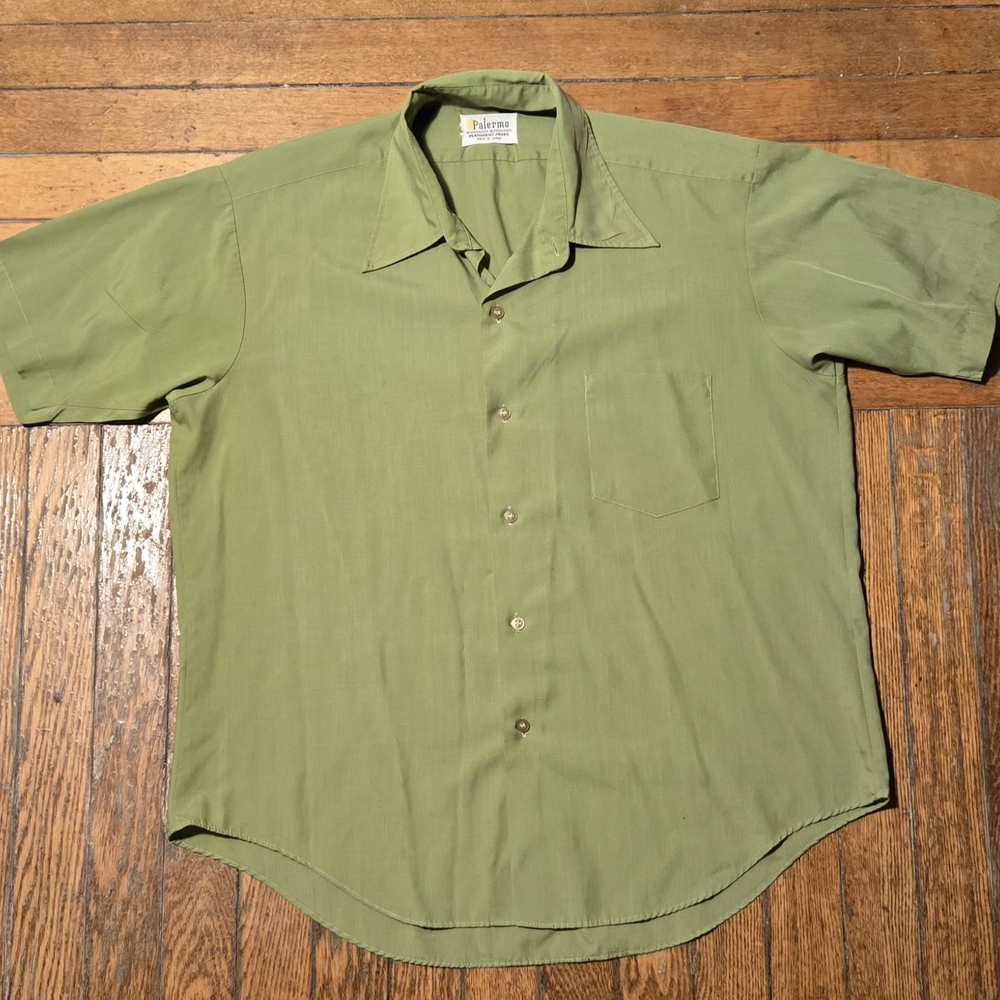 Vintage 70s Palermo Men's Short Sleeve Green Cotton Button-Up Shirt L